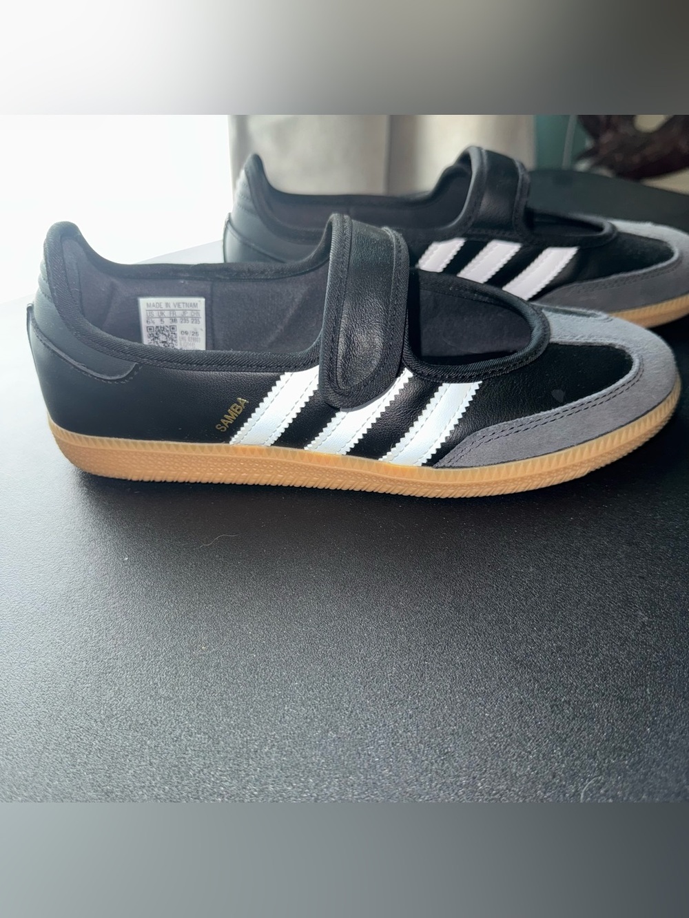 Adidas 6.5 Black Samba Mary Jane Sneakers with White Stripes